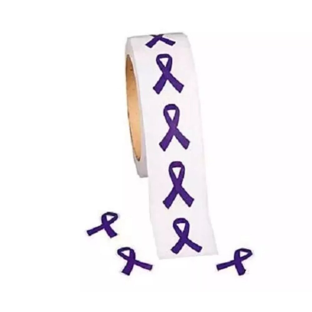 Cancer Awareness Purple Ribbon Roll Stickers 500 stickers 1 1/2"